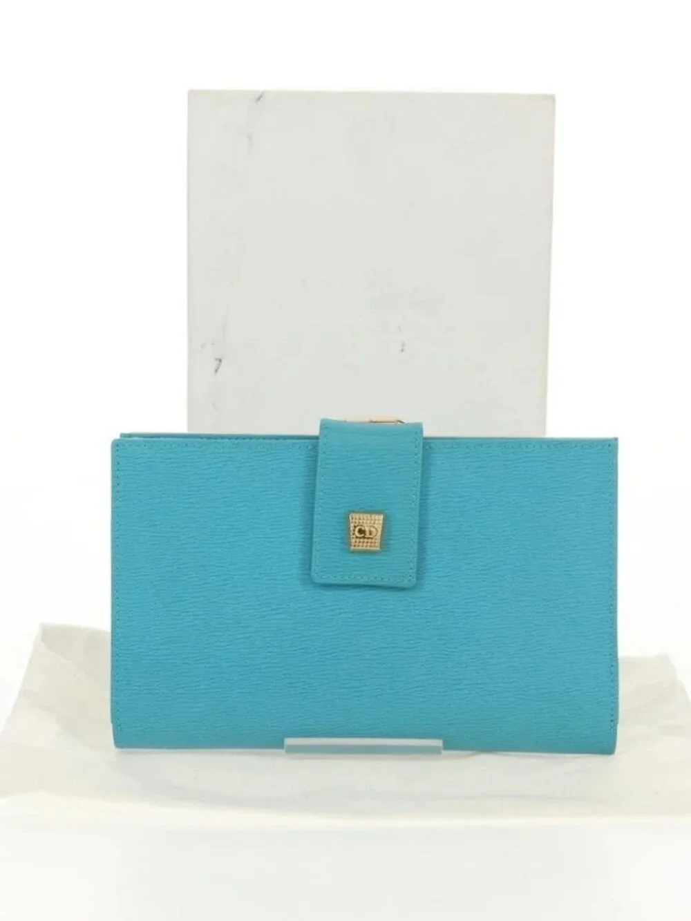 Christian Dior Long Wallet Leather Light Blue Gold Auth